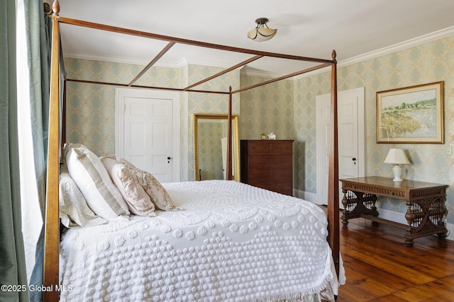 bedroom with hardwood / wood-style flooring and ornamental molding