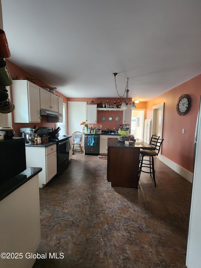 kitchen with white cabinets, a center island, dishwasher, and black electric range