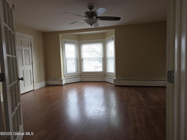 unfurnished room featuring ceiling fan and dark hardwood / wood-style flooring