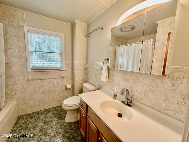 bathroom with vanity, toilet, a shower with curtain, and ornamental molding