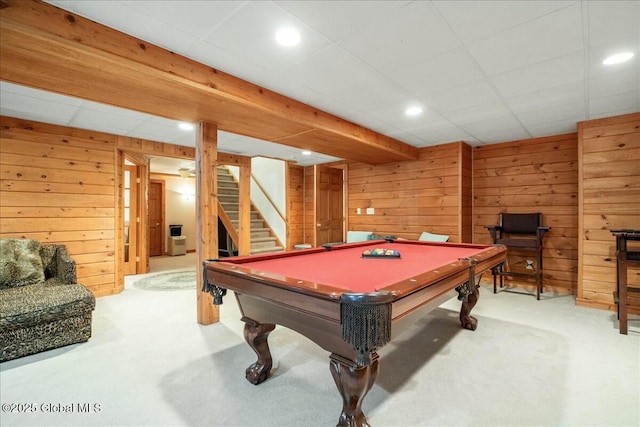 recreation room featuring carpet flooring, pool table, and wooden walls