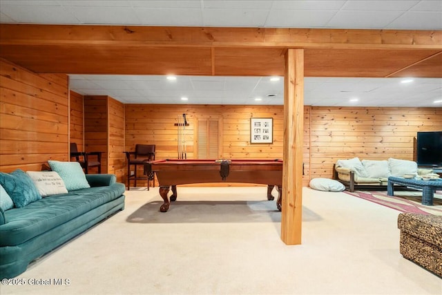 game room featuring carpet floors, billiards, and wood walls