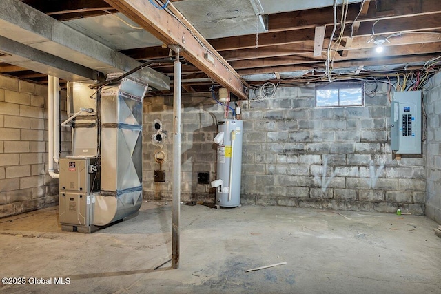 basement with electric panel, heating unit, and water heater