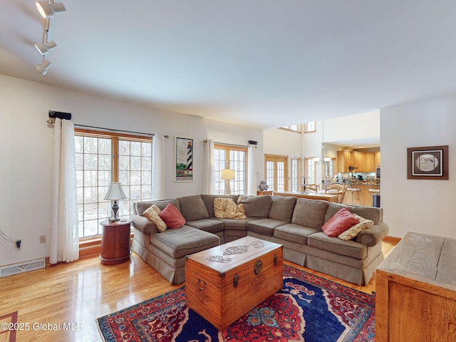 living room with rail lighting and light hardwood / wood-style flooring