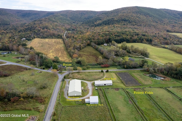 birds eye view of property featuring a rural view and a mountain view