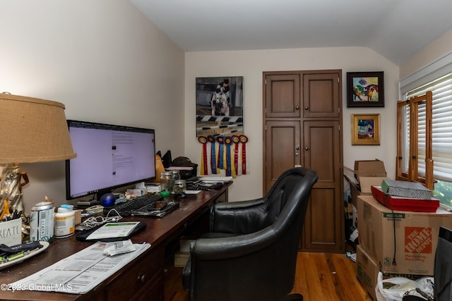 home office featuring lofted ceiling and dark hardwood / wood-style floors