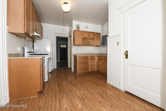 kitchen featuring tasteful backsplash, white range oven, and light hardwood / wood-style flooring