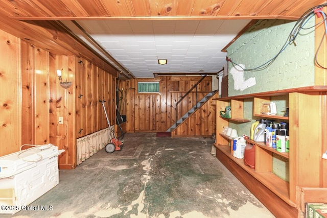 basement featuring wooden ceiling and wood walls