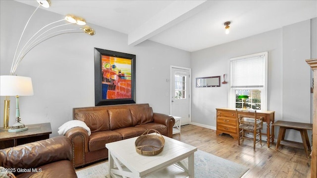 living room featuring light wood-type flooring and beam ceiling