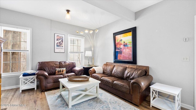 living room featuring beamed ceiling and hardwood / wood-style flooring