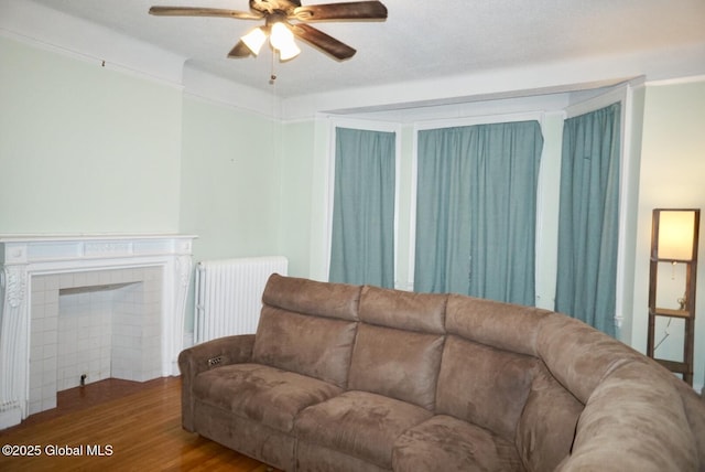 living room with hardwood / wood-style flooring, radiator, a fireplace, and ceiling fan