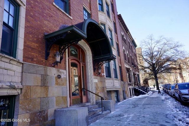 view of snow covered building