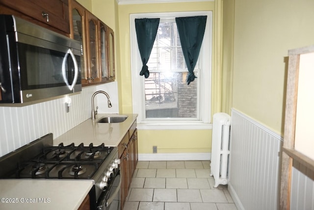 kitchen featuring appliances with stainless steel finishes, radiator, and sink