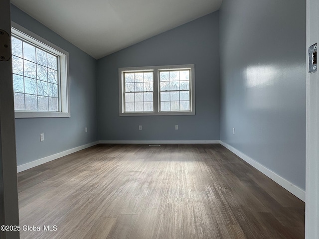 empty room with a healthy amount of sunlight, lofted ceiling, and wood-type flooring