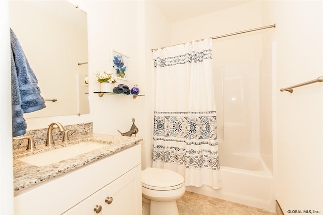 full bathroom featuring toilet, tile patterned floors, shower / bathtub combination with curtain, and vanity