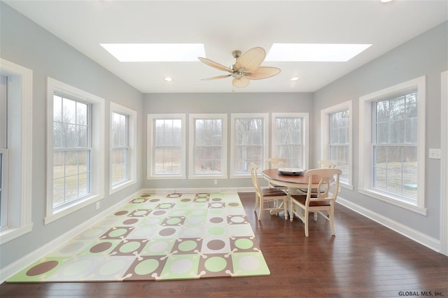 sunroom with a skylight and ceiling fan