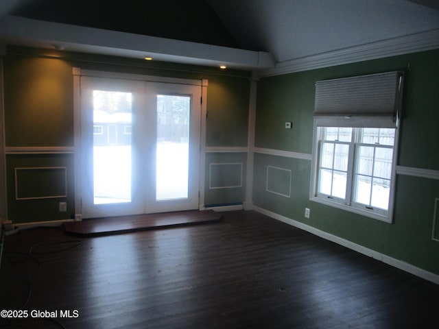 spare room with lofted ceiling, plenty of natural light, and dark hardwood / wood-style floors