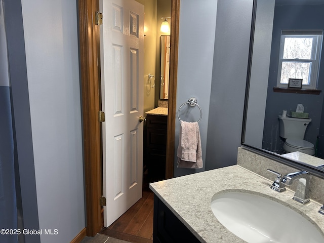 bathroom with vanity, wood-type flooring, and toilet