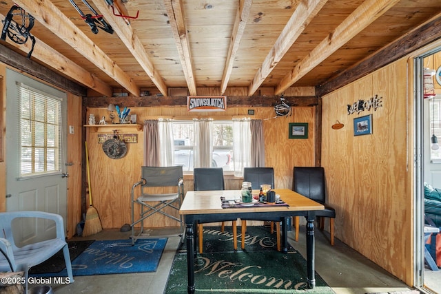 office area featuring wooden walls