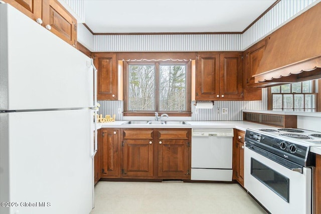 kitchen featuring white appliances, plenty of natural light, sink, and ornamental molding