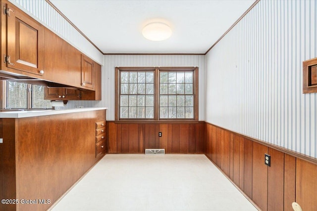 kitchen featuring ornamental molding and wood walls