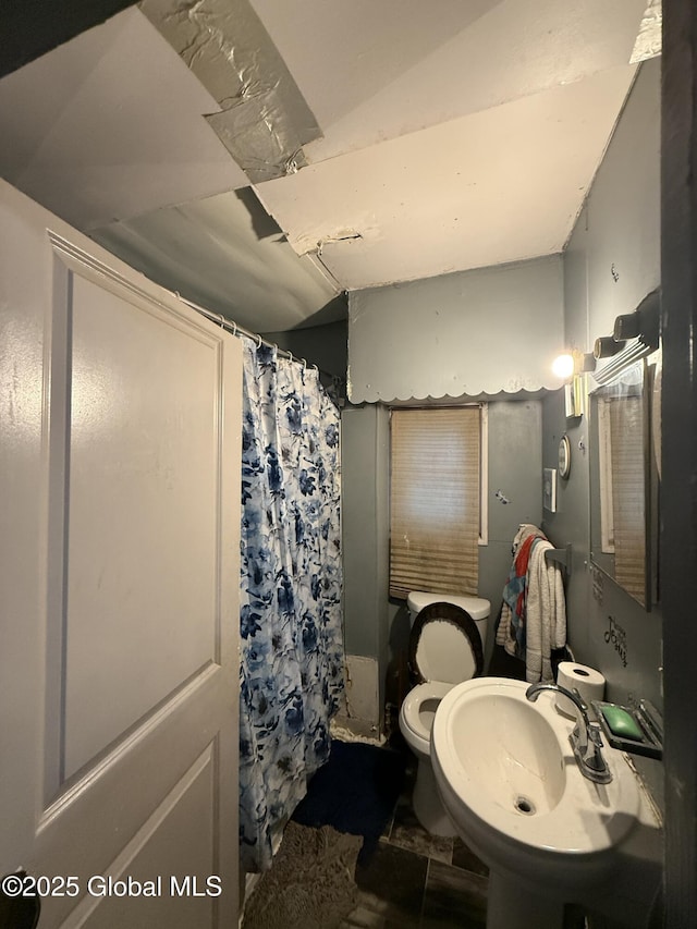 bathroom featuring walk in shower, sink, and toilet