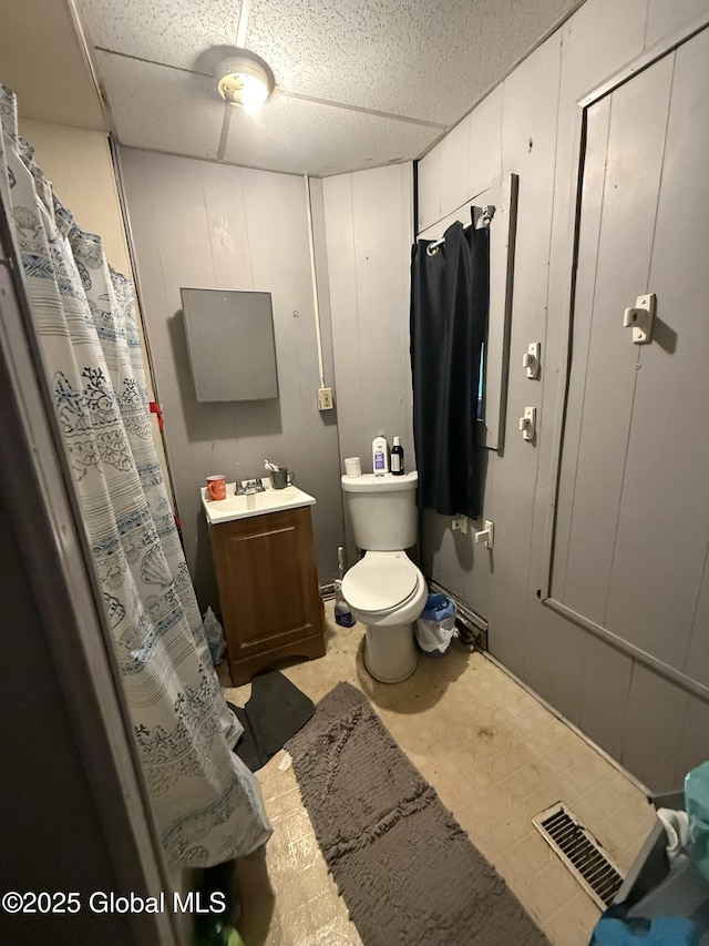 bathroom featuring vanity, wooden walls, and toilet