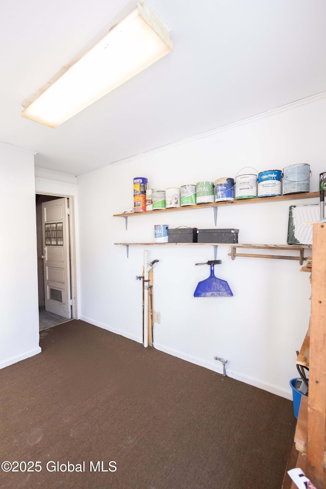 laundry room featuring dark carpet