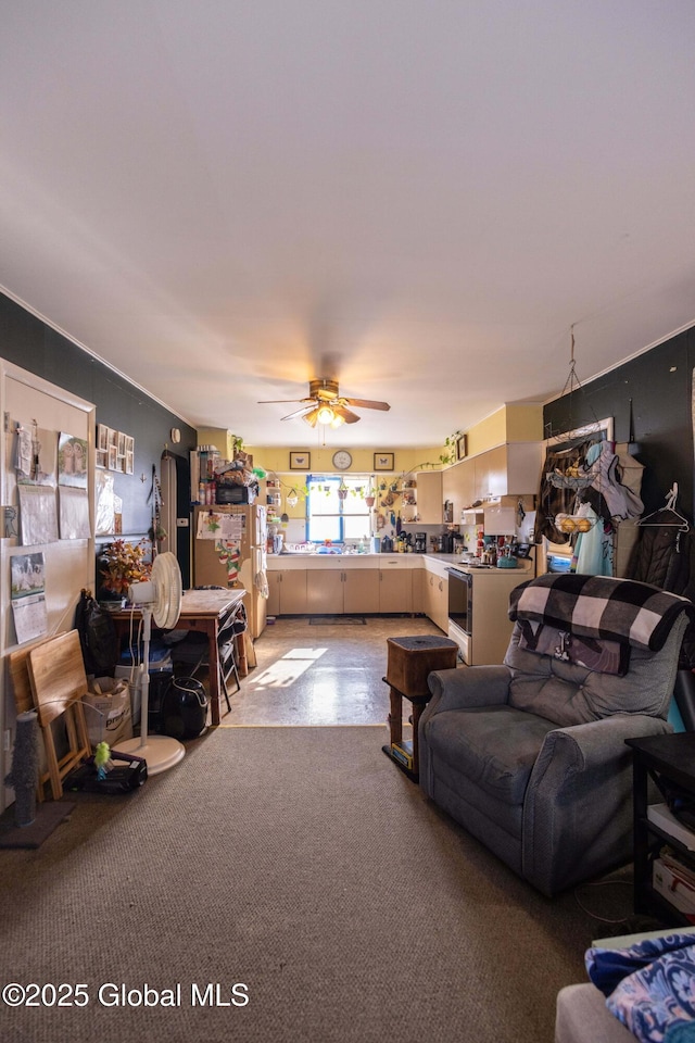 living room with ceiling fan