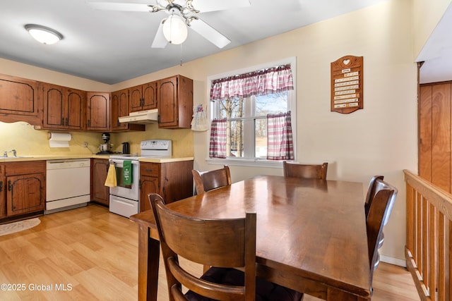 kitchen featuring sink, white appliances, light hardwood / wood-style flooring, and ceiling fan