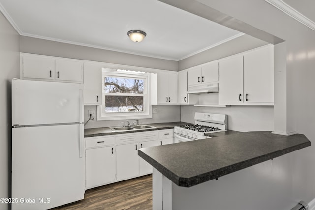 kitchen with sink, white cabinets, kitchen peninsula, dark wood-type flooring, and white appliances