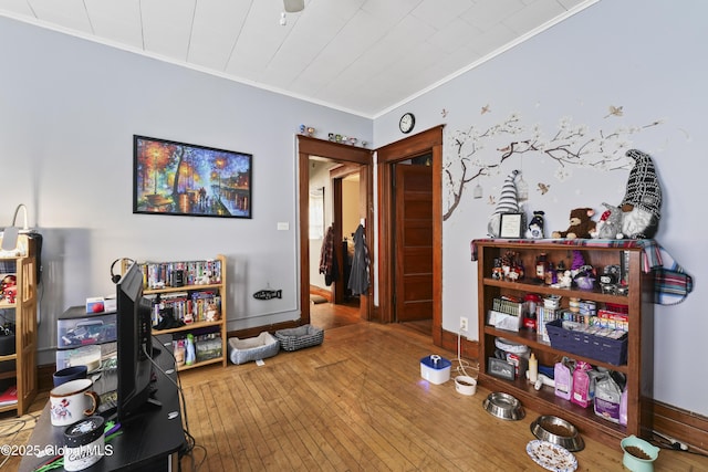 interior space with crown molding and wood-type flooring