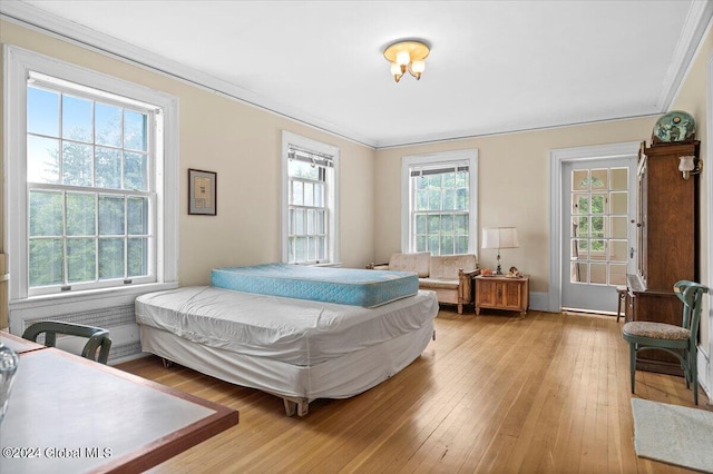 bedroom with crown molding and light hardwood / wood-style flooring