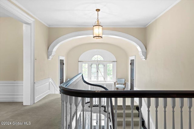 stairway featuring crown molding and carpet flooring