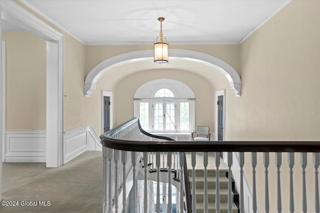 corridor featuring ornamental molding and carpet floors