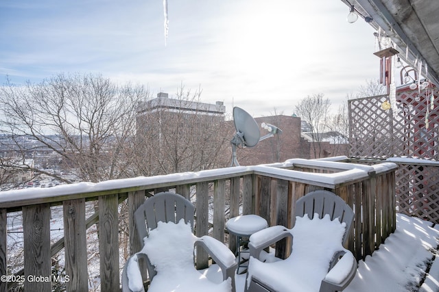 view of snow covered deck