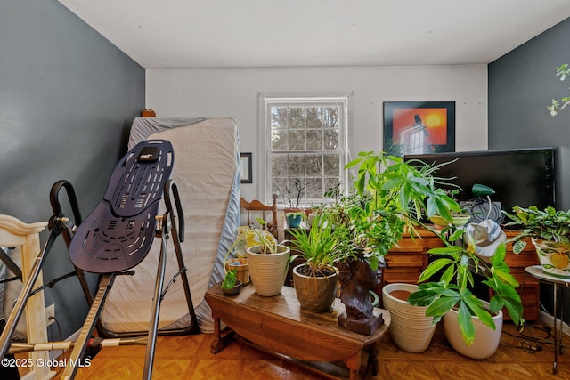 interior space with parquet flooring