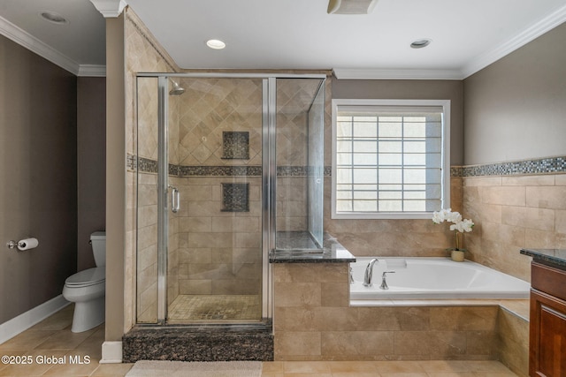 full bathroom featuring toilet, separate shower and tub, ornamental molding, vanity, and tile patterned flooring