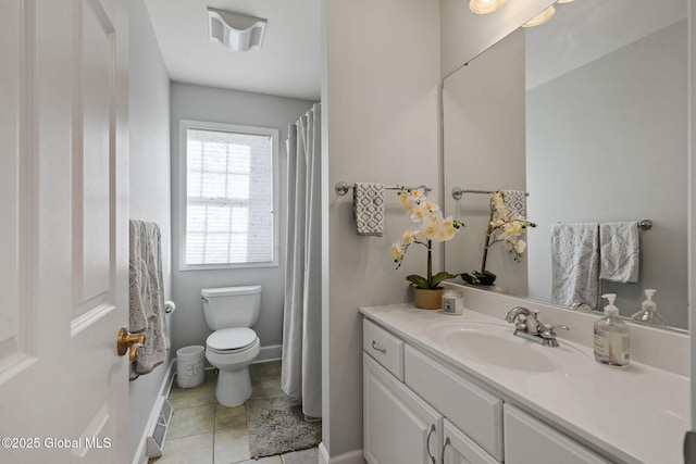 bathroom featuring vanity, tile patterned floors, and toilet