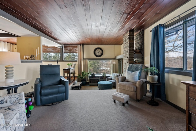 sitting room featuring wood ceiling and carpet floors