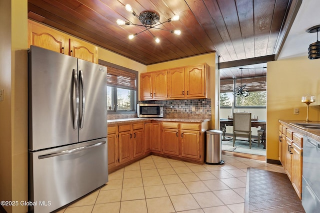 kitchen with stainless steel appliances, plenty of natural light, backsplash, and wood ceiling