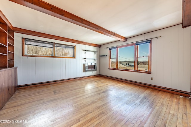 unfurnished room featuring beam ceiling, light hardwood / wood-style floors, and wood walls