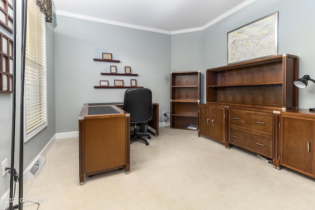 carpeted office with crown molding