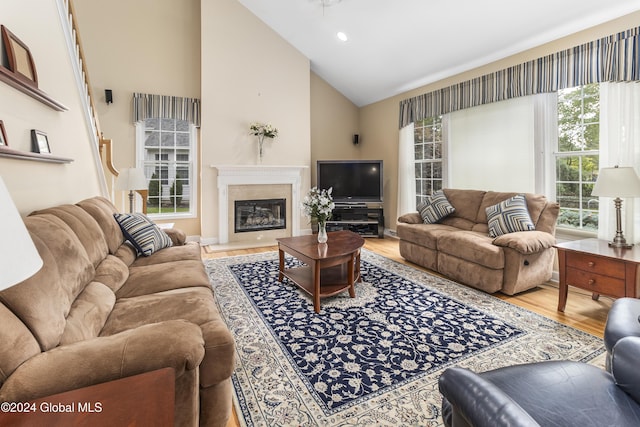 living room featuring hardwood / wood-style flooring, plenty of natural light, and high vaulted ceiling