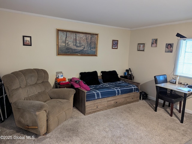 carpeted bedroom with crown molding