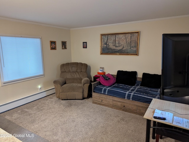 carpeted bedroom with ornamental molding and a baseboard heating unit