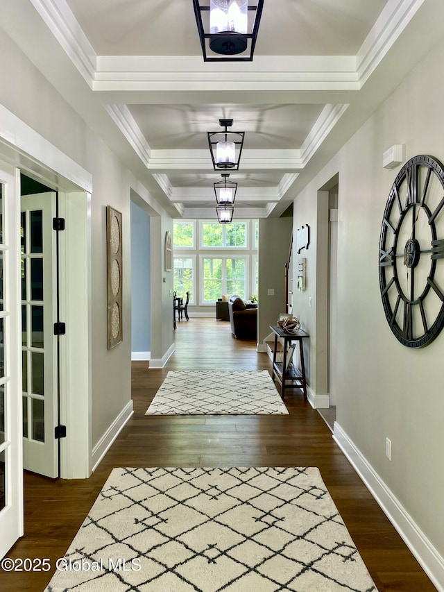 corridor with ornamental molding, dark wood-type flooring, and an inviting chandelier