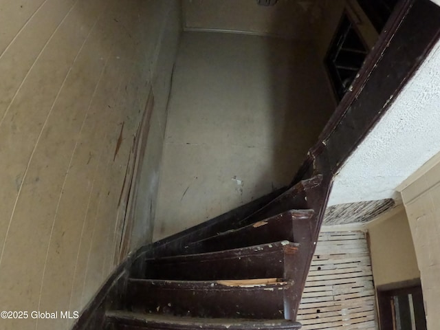 stairway with wooden walls
