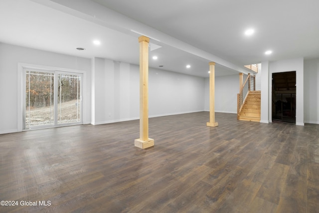 basement with dark wood-type flooring