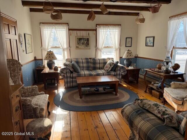 living room with hardwood / wood-style flooring, plenty of natural light, and beamed ceiling